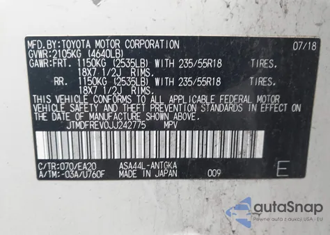 2018 Toyota Rav4 Limited z USA, uszkodzony, nr VIN JTMDFREV0JJ242775